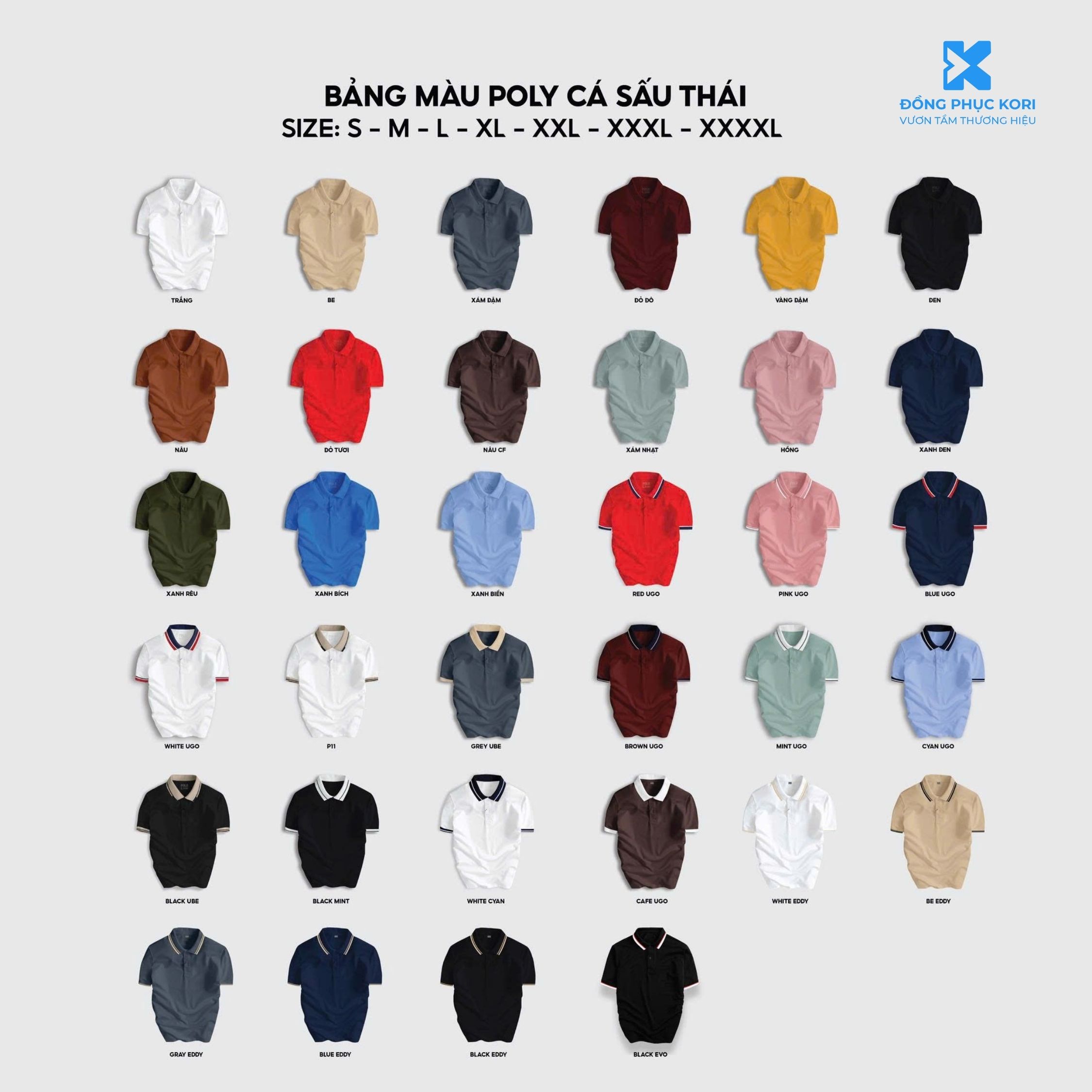 Bảng màu áo polo poly cá sấu thái - Đồng phục Kori