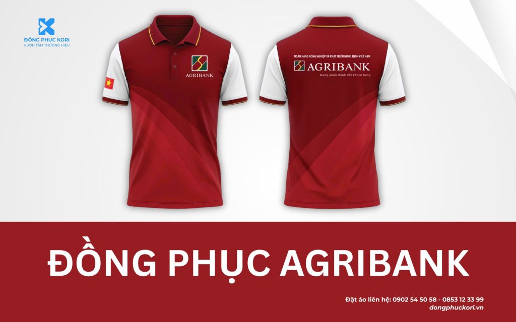 Đồng phục Agribank màu đỏ đô phối trắng với logo nổi bật trước ngực