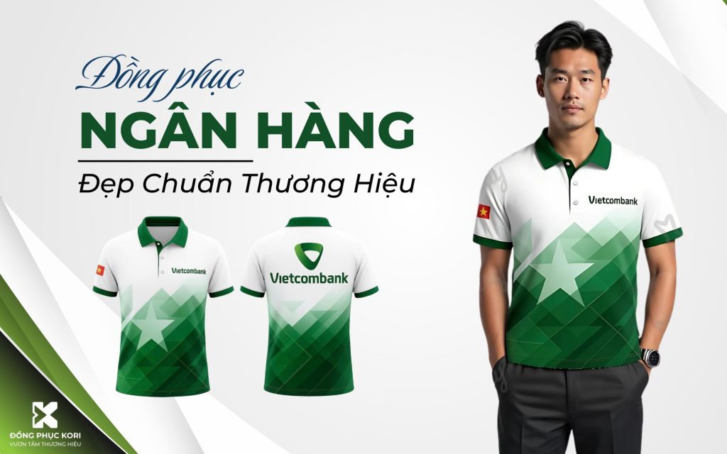 Đồng phục ngân hàng Vietcombank màu xanh trắng hiện đại, thiết kế sang trọng