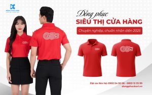 Đồng phục siêu thị GO! màu đỏ nổi bật, thiết kế bởi KORI UNIFORM