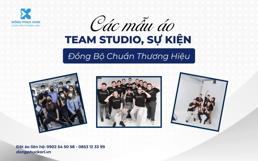 Mẫu áo đồng phục studio, sự kiện màu đen, in logo trắng, đội nhóm mặc tại studio – Thiết kế bởi KORI UNIFORM