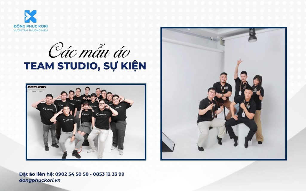 Hình ảnh nhóm nhân sự studio mặc áo thun đen in logo – Thiết kế đồng bộ từ KORI UNIFORM