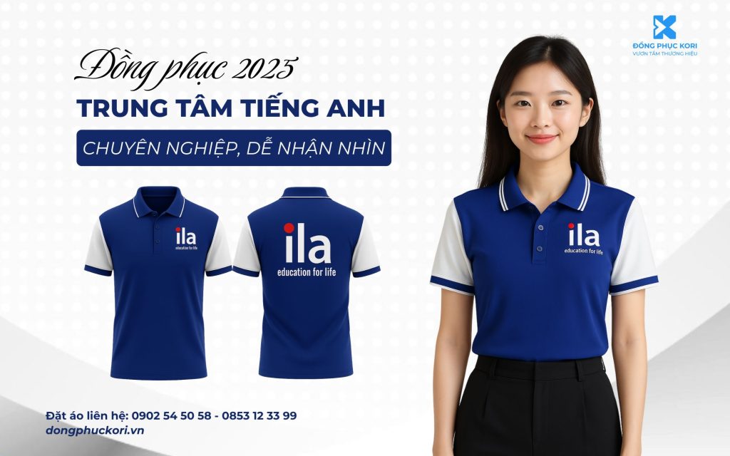 Đồng phục trung tâm tiếng Anh ILA màu xanh navy phối trắng, thiết kế bởi Đồng phục KORI