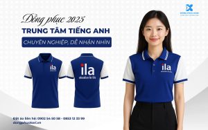 Đồng phục trung tâm tiếng Anh ILA màu xanh navy phối trắng, thiết kế bởi Đồng phục KORI