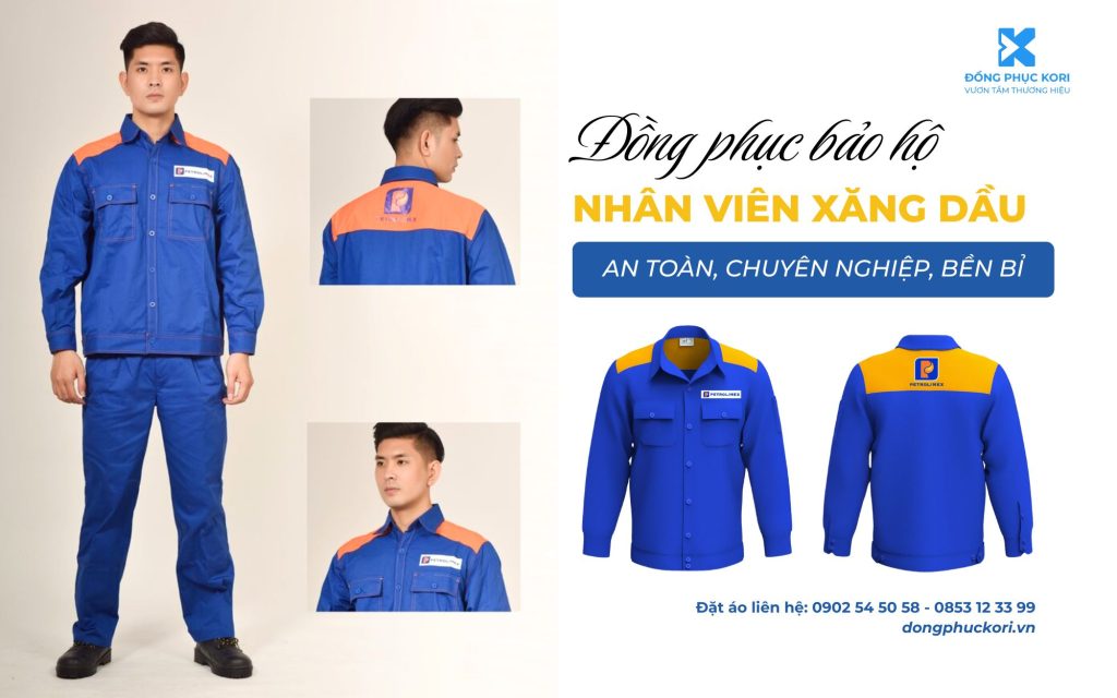 Đồng phục bảo hộ nhân viên xăng dầu màu xanh cam, logo Petrolimex – Thiết kế bởi Đồng phục KORI