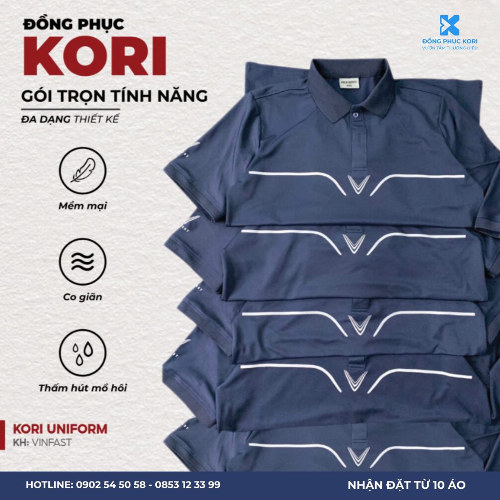 Ứng dụng mẫu đồng phục Vinfast vào showroom ô tô khác, áo polo ghi sáng, form slim-fit, logo ngực trái.