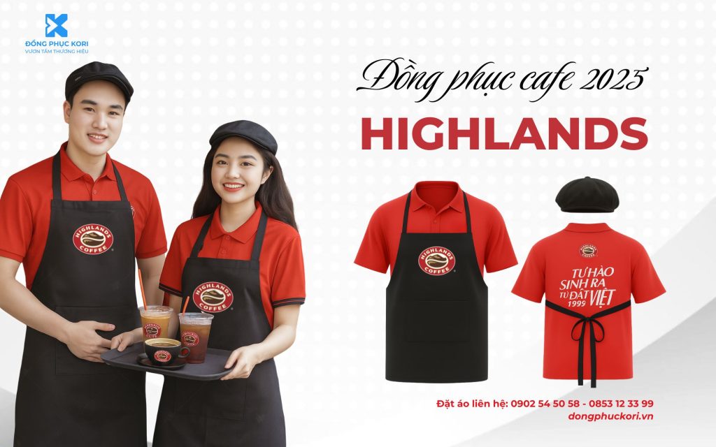 Mẫu đồng phục cafe Highlands 2025 phối đỏ đen, nổi bật thương hiệu – Đồng phục Kori