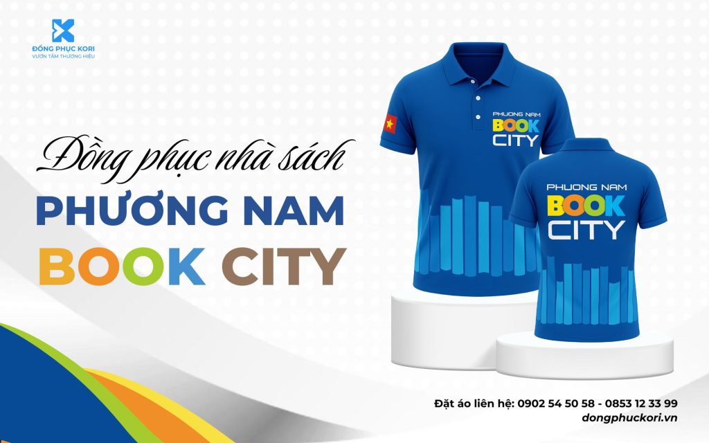 Mẫu áo đồng phục nhà sách Phương Nam Book City màu xanh logo nổi bật